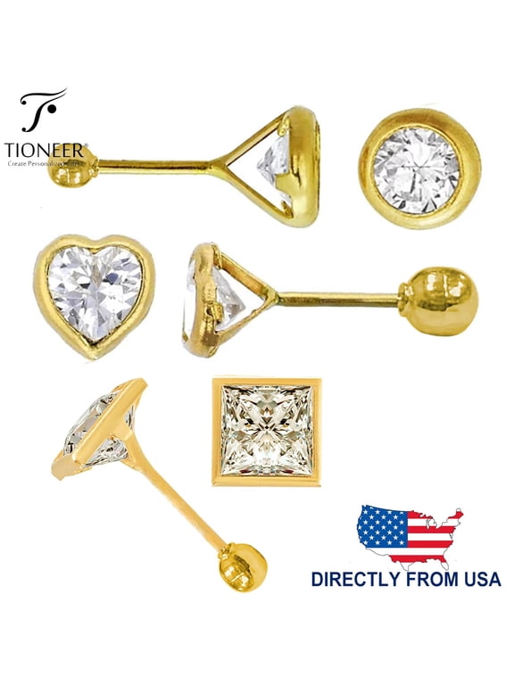 Gold BezelTioneer 14K Round Square Heart Cubic Zirconia Screw Back Stud Earrings 3-6mm