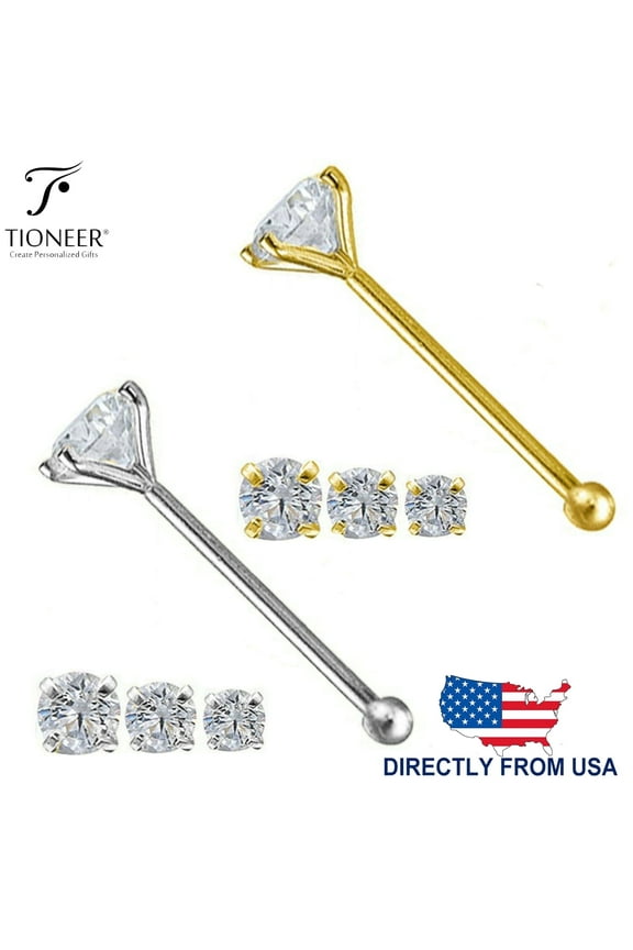 Gold RoundTioneer 14KCubic Zirconia Body Jewelry End Bone Nose Stud 25g 1mm 1.5mm 2mm