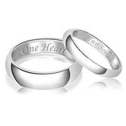 TIONEER His & Her Engraved Two Souls One Heart Classic Sterling Silver Plain Wedding Band Ring