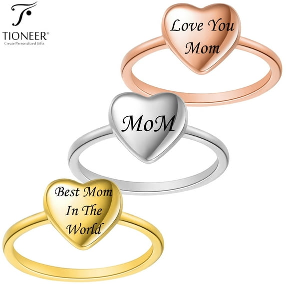 Tioneer Mom Mother Love Heart Flat Top Stainless Steel Class Cute Dainty Ring Free Engraving