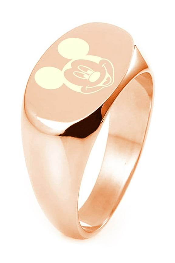 Rose Gold Plated Tioneer Sterling Silver Disney Mickey Mouse Engraved Oval Flat Top Polished Ring