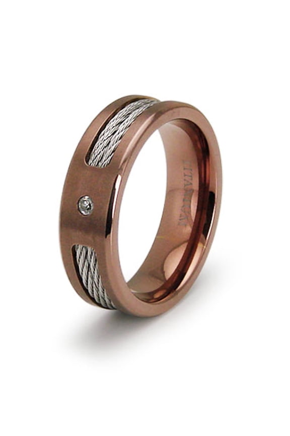 Rose Gold Titanium Cubic Zirconia Dual Cable Inlay Wedding Band Ring