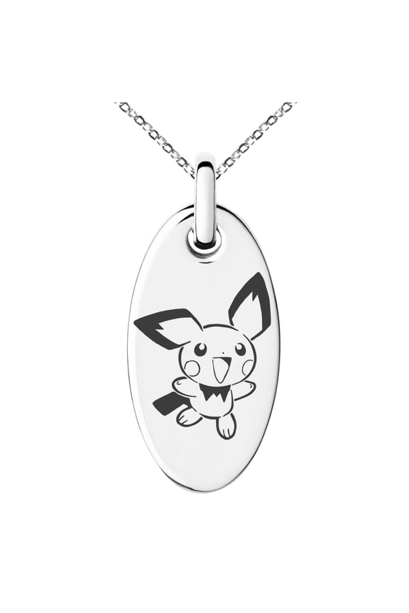 Stainless Steel 2nd Gen Pichu Pokémon Engraved Small Oval CZ Charm Pendant Necklace
