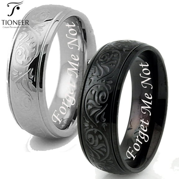 Tioneer Stainless Steel 316L Embossed Filigree Floral in Silver or Black Wedding Band Promise Ring Comfort Fit 8MM Forget Me Not Engraved