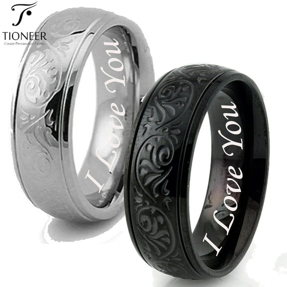 Tioneer Stainless Steel 316L Embossed Filigree Floral in Silver or Black Wedding Band Promise Ring Comfort Fit 8MM I Love You Engraved