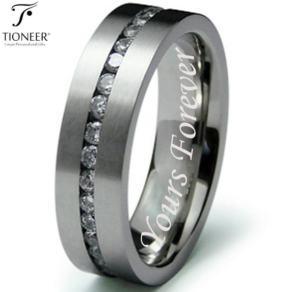 Tioneer Stainless Steel 316L Eternity Cubic Zirconia Flat Top Wedding Band Promise Ring Comfort Fit 7MM Yours Forever Engraved