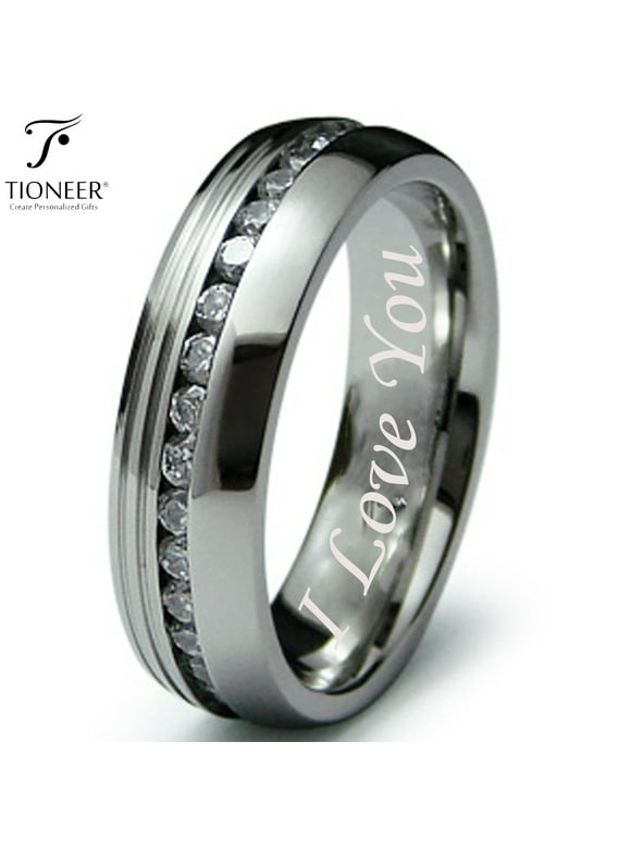 Tioneer Stainless Steel 316L Eternity Cubic Zirconia Wedding Band Promise Ring Comfort Fit 6.5MM I Love You Engraved