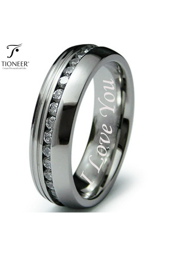 Stainless Steel 316L Eternity Cubic Zirconia Wedding Band Promise Ring Comfort Fit 6.5MM I Love You Engraved