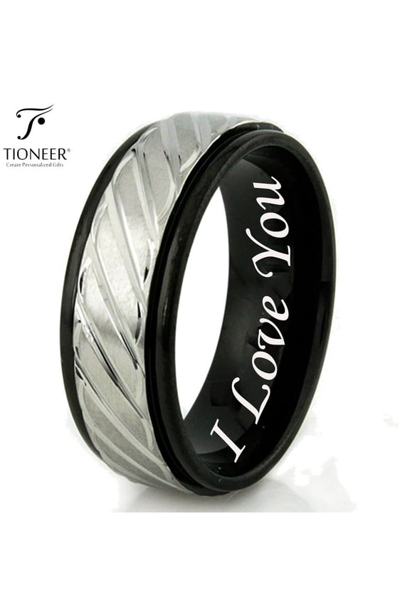Stainless Steel 316L Two-Tone Black-Silver Braided Groove Wedding Band Promise Ring Comfort Fit 8mm I Love You Engraved