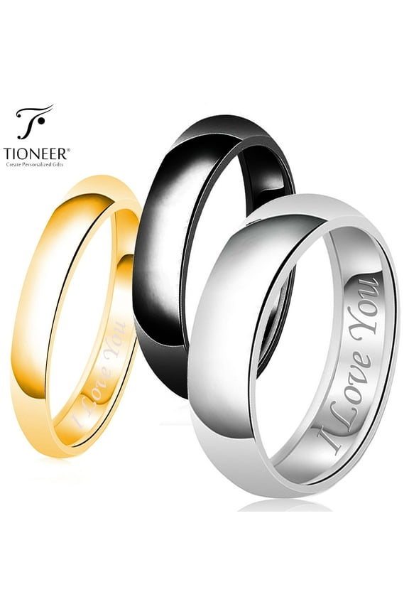 Stainless Steel 316L in Silver / 14K Gold / Black IP Plated Wedding Band Promise Ring Comfort Fit 3mm - 10mm I Love You Engraved