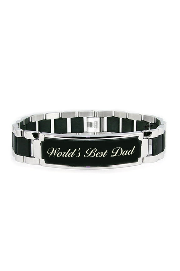 Stainless Steel 8.50 inch World's Best Dad Engraved Black ID Bracelet