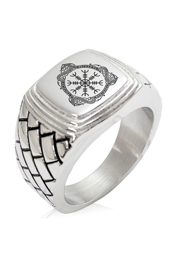 Stainless Steel Aegishjalmur Awe & Terror Helm Viking Rune Geometric Pattern Step-Down Biker Style Polished Ring