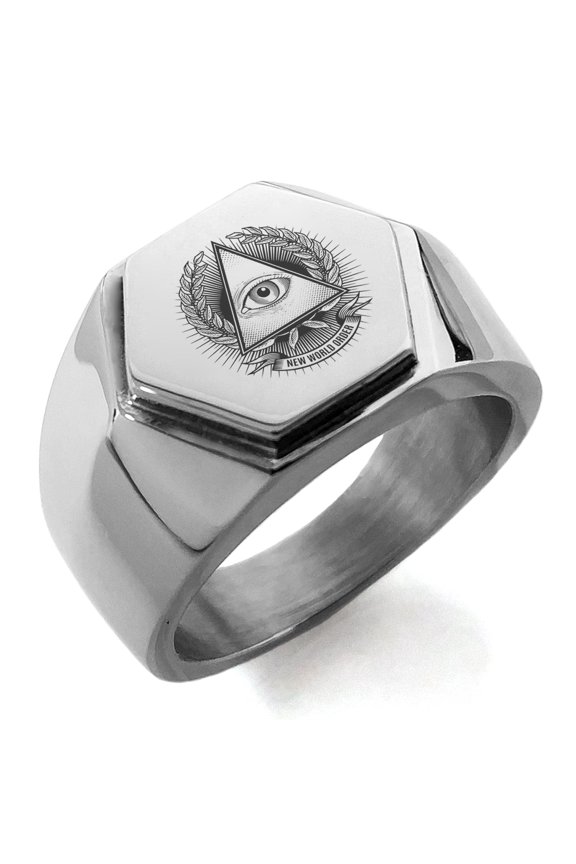 Stainless Steel All Seeing Eye New World Order Engraved Hexagon Crest Flat Top Biker Style Polished Ring
