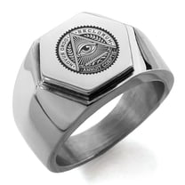 Tioneer Stainless Steel All Seeing Eye Novus Ordo Seclorum Engraved Hexagon Crest Flat Top Biker Style Polished Ring