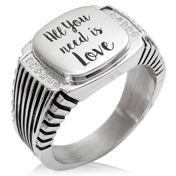 Tioneer Stainless Steel All You Need Is Love CZ Ribbed Needle Stripe Pattern Biker Style Polished Ring