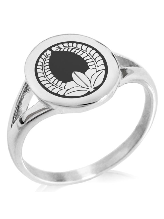 Stainless Steel Ando Samurai Crest Minimalist Oval Top Polished Statement Signet Ring