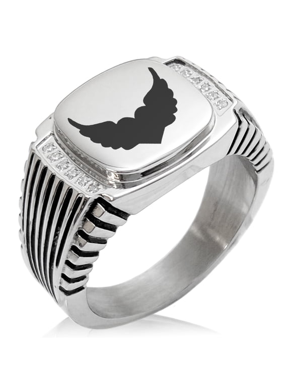 Stainless Steel Angel Wings Heart CZ Ribbed Needle Stripe Pattern Biker Style Polished Ring