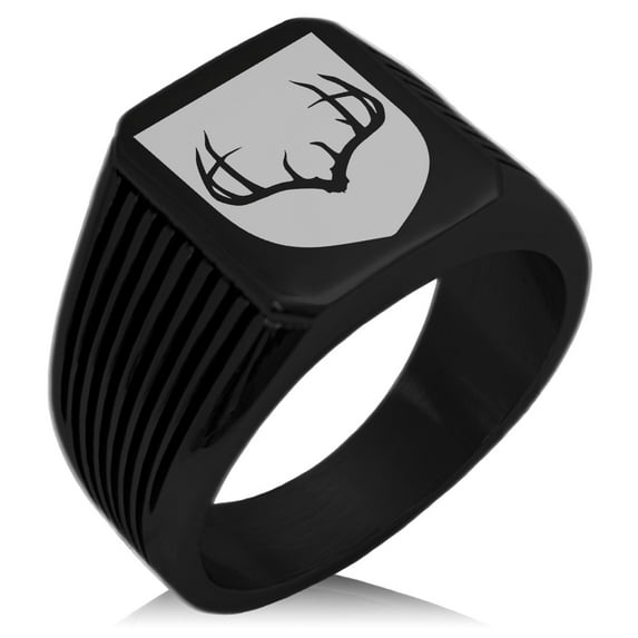 Tioneer Stainless Steel Antlers Fortitude Coat of Arms Shield Needle Stripe Pattern Biker Style Polished Ring