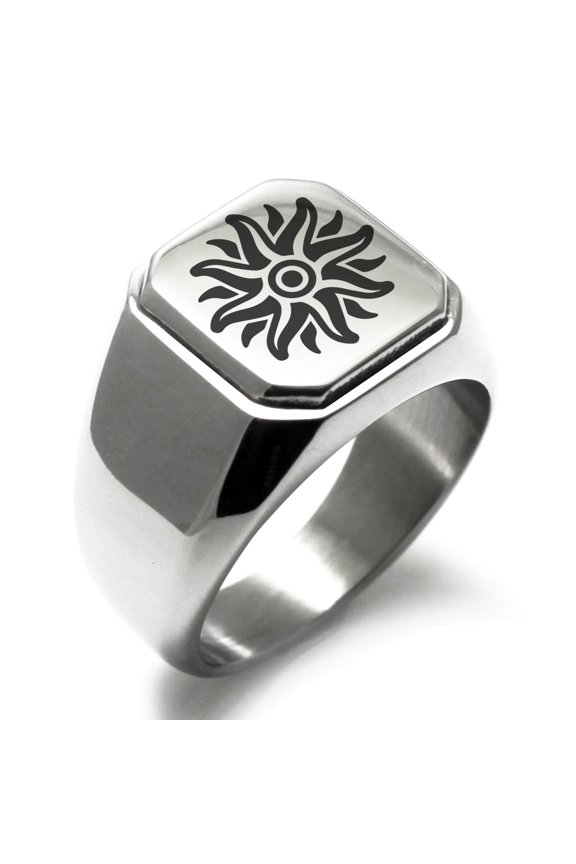 Stainless Steel Apollo Greek God of Sun Engraved Square Flat Top Biker Style Polished Signet Ring
