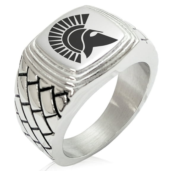 Tioneer Stainless Steel Ares Greek God of War Geometric Pattern Step-Down Biker Style Polished Ring