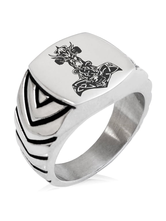 Stainless Steel Asgard Mjolnir Thor's Hammer Viking Norse Chevron Pattern Biker Style Polished Ring