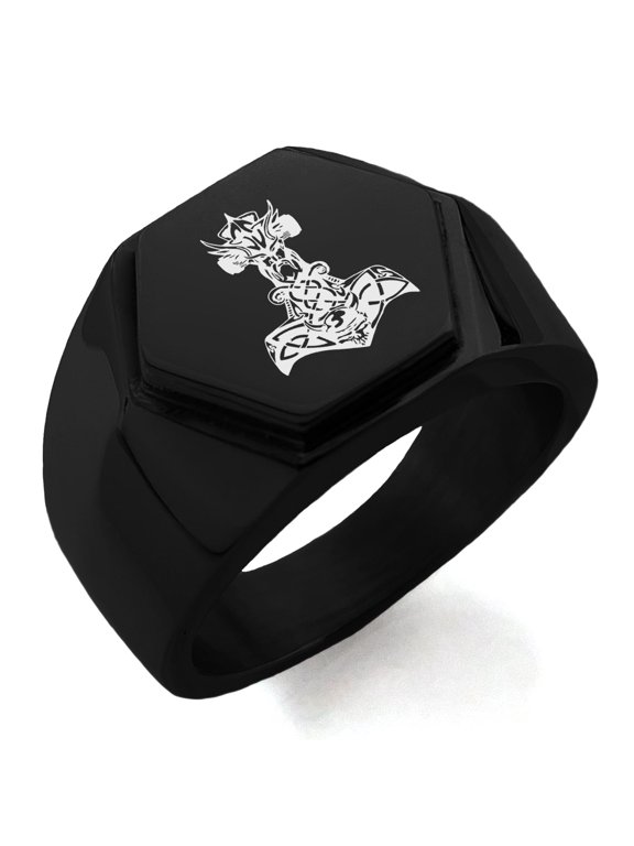 Stainless Steel Asgard Mjolnir Thor's Hammer Viking Norse Engraved Hexagon Crest Flat Top Biker Style Polished Ring