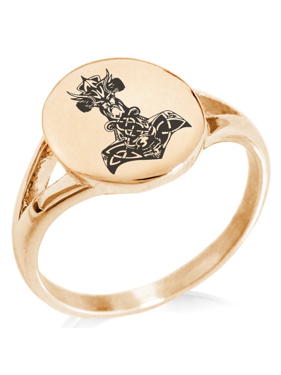 Stainless Steel Asgard Mjolnir Thor's Hammer Viking Norse Minimalist Oval Top Polished Statement Signet Ring