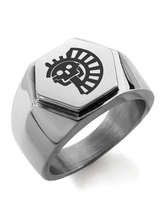 Stainless Steel Aztec Chief Tribe Rune Engraved Hexagon Crest Flat Top Biker Style Polished Ring