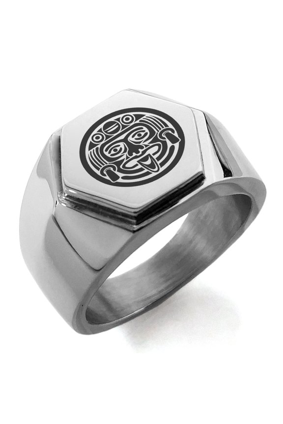 Stainless Steel Aztec Mask Rune Engraved Hexagon Crest Flat Top Biker Style Polished Ring