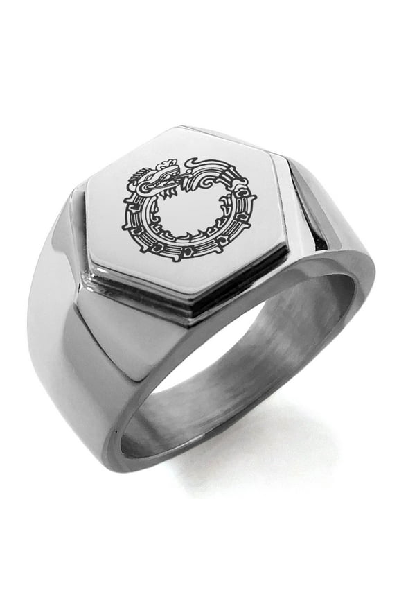 Stainless Steel Aztec Ouroboros Serpent Rune Engraved Hexagon Crest Flat Top Biker Style Polished Ring