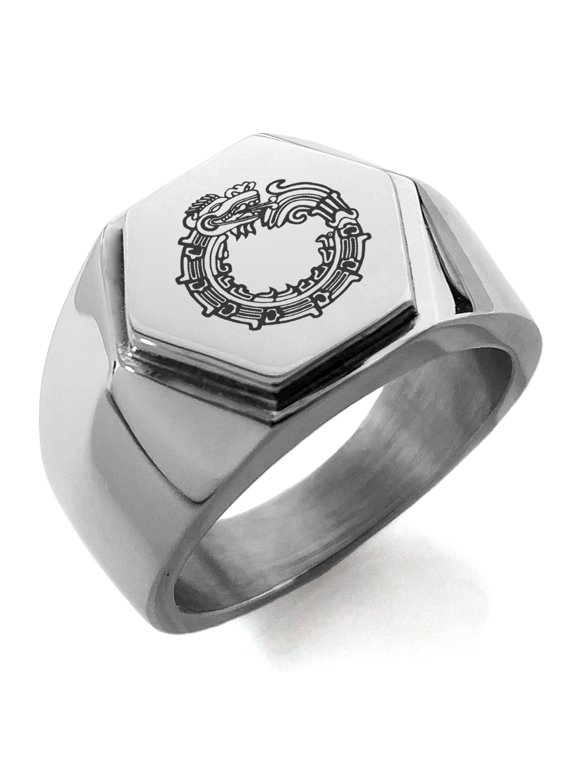 Stainless Steel Aztec Ouroboros Serpent Rune Engraved Hexagon Crest Flat Top Biker Style Polished Ring