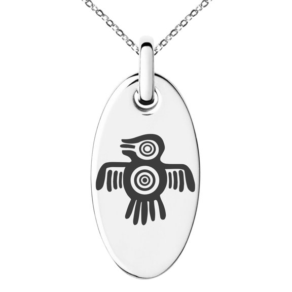 Tioneer Stainless Steel Aztec Truth & Wisdom Eagle Rune Engraved Small Oval Charm Pendant Necklace