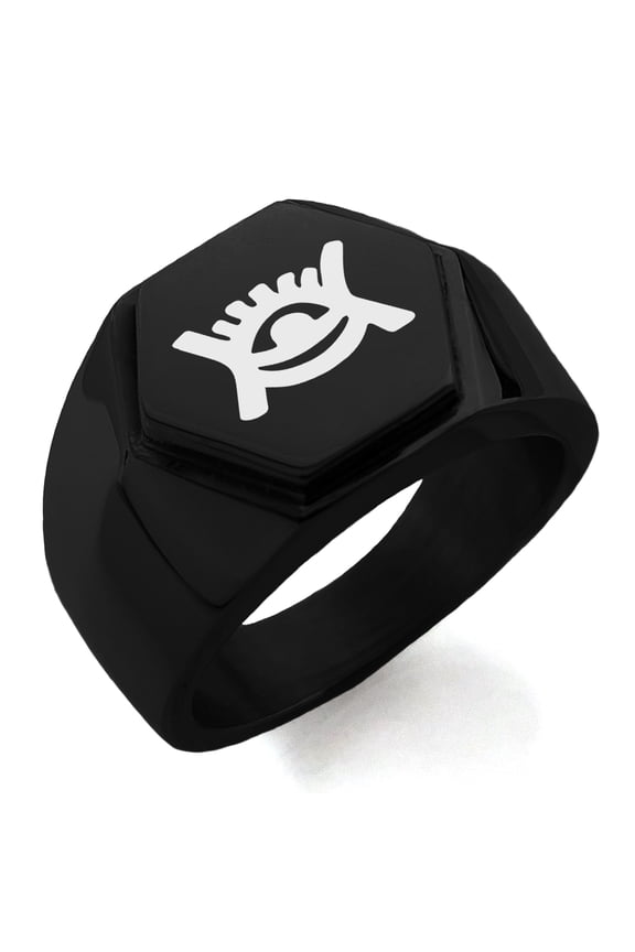 Stainless Steel Aztec Universe Rune Engraved Hexagon Crest Flat Top Biker Style Polished Ring