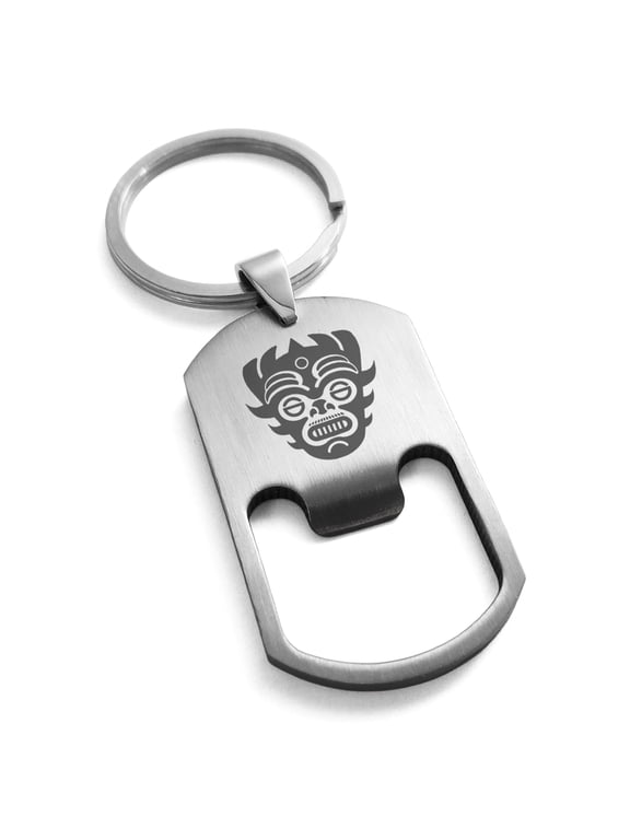 Stainless Steel Aztec Warrior Mask Rune Engraved Bottle Opener Dog Tag Celtic Keychain Keyring