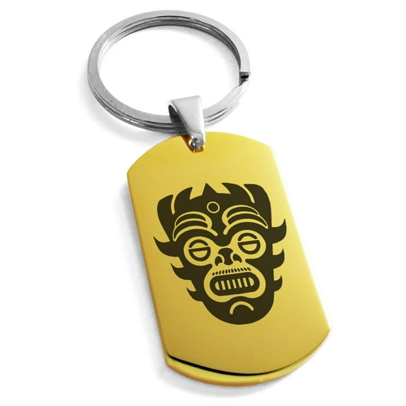 Tioneer Stainless Steel Aztec Warrior Mask Rune Engraved Dog Tag Keychain Keyring