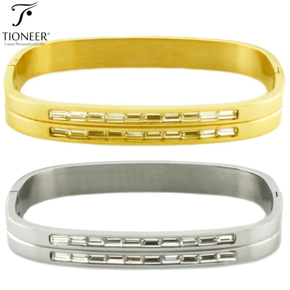 Tioneer Stainless Steel Baguette Cubic Zirconia Channel Rectangular Bangle Bracelet in Silver or Gold Plated