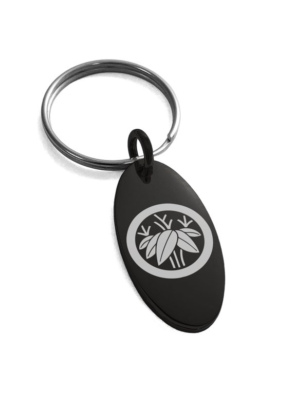 Stainless Steel Bamboo Kamon Crest Engraved Small Oval Charm Keychain Keyring