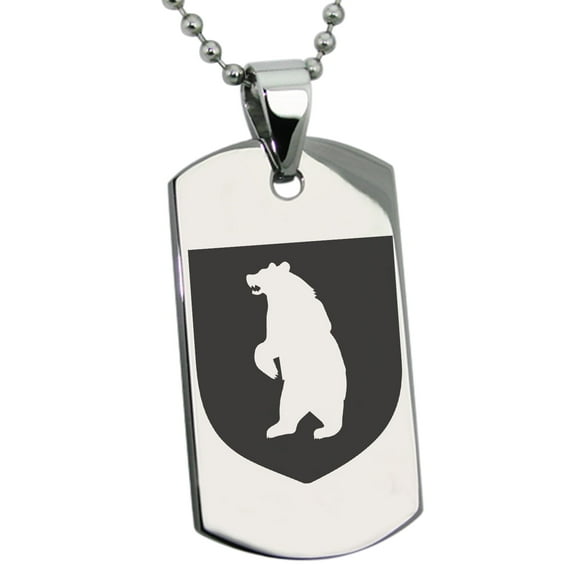 Tioneer Stainless Steel Bear Ferocity Coat of Arms Shield Engraved Dog Tag Pendant Necklace