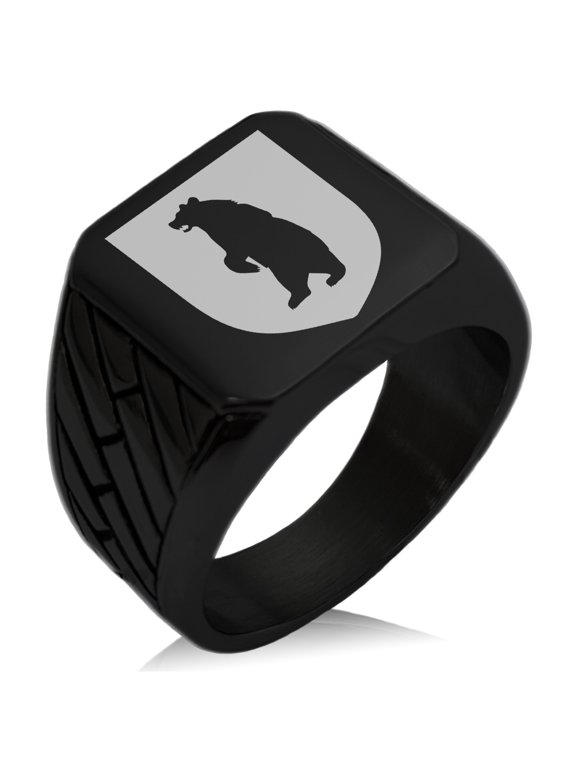 Stainless Steel Bear Ferocity Coat of Arms Shield Geometric Pattern Biker Style Polished Ring