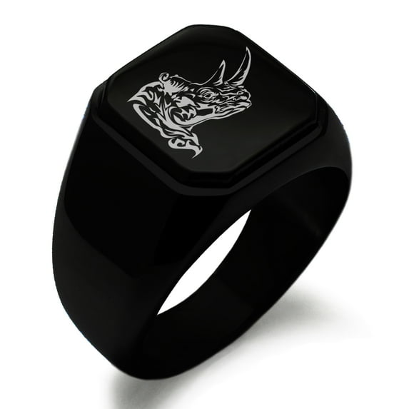Tioneer Stainless Steel Berserk Rhino Engraved Square Flat Top Biker Style Polished Ring