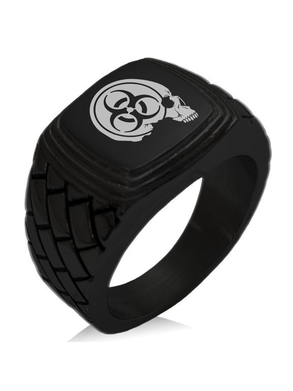 Stainless Steel Biohazard Skull Zombie Geometric Pattern Step-Down Biker Style Polished Ring