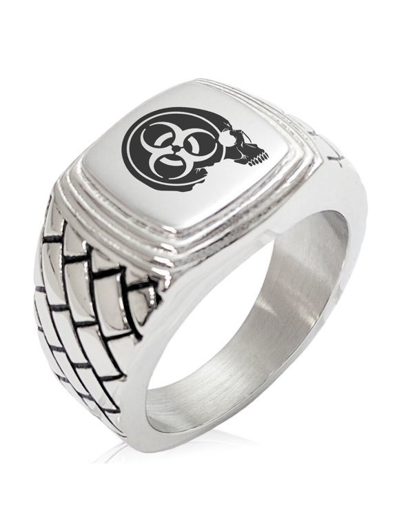 Stainless Steel Biohazard Skull Zombie Geometric Pattern Step-Down Biker Style Polished Ring