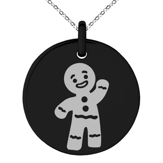 Tioneer Stainless Steel Black Gingerbread Man Engraved Small Medallion Circle Charm Pendant Necklace