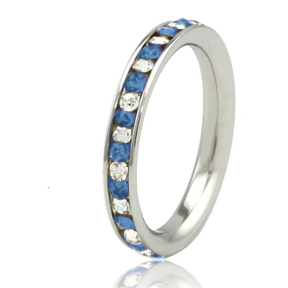 Tioneer Stainless Steel Blue Sapphire & White Crystal Channel Eternity Stackable Ring