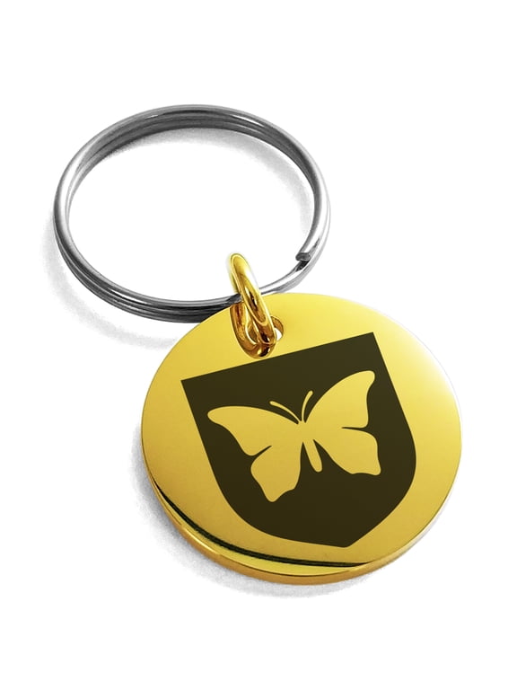 Stainless Steel Butterfly Free Spirit Coat of Arms Shield Engraved Small Medallion Circle Charm Keychain Keyring