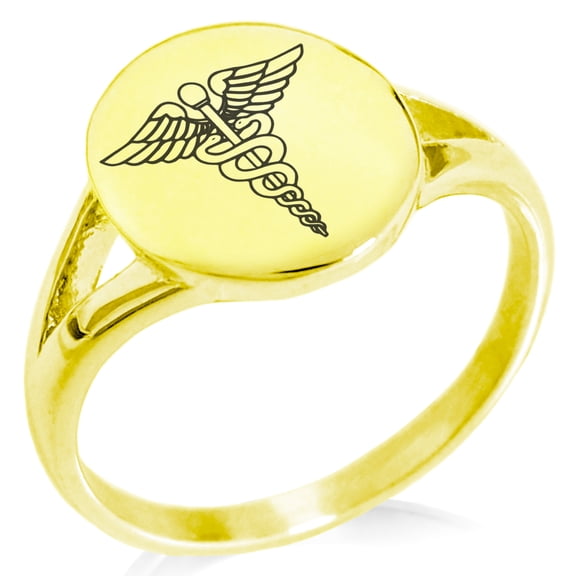 Tioneer Stainless Steel Caduceus Staff Oval Top Polished Statement Signet Ring