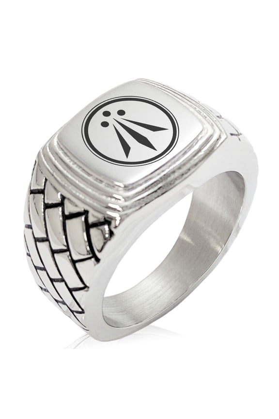 Stainless Steel Celtic Awen Arwen Three Rays Geometric Pattern Step-Down Biker Style Polished Ring