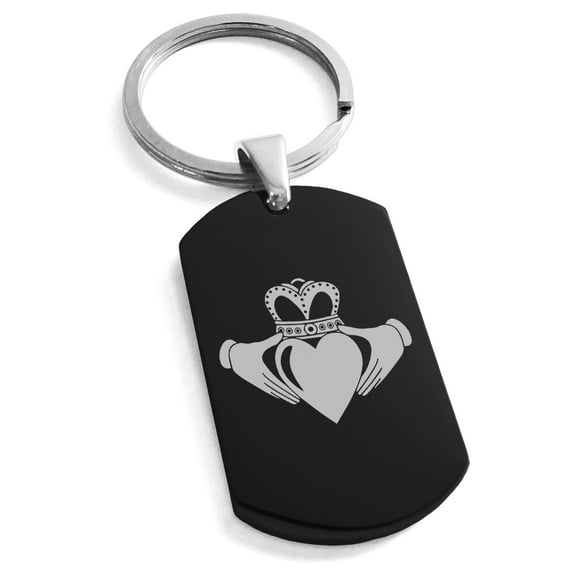 Tioneer Stainless Steel Celtic Claddagh Unity Engraved Rectangular Dog Tag Keychain Keyring For Unisex 30mm