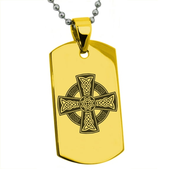Tioneer Stainless Steel Celtic Cross Rune Knot Engraved Dog Tag Pendant Necklace