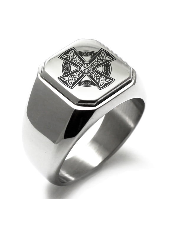 Stainless Steel Celtic Cross Rune Knot Engraved Square Flat Top Biker Style Polished Signet Ring